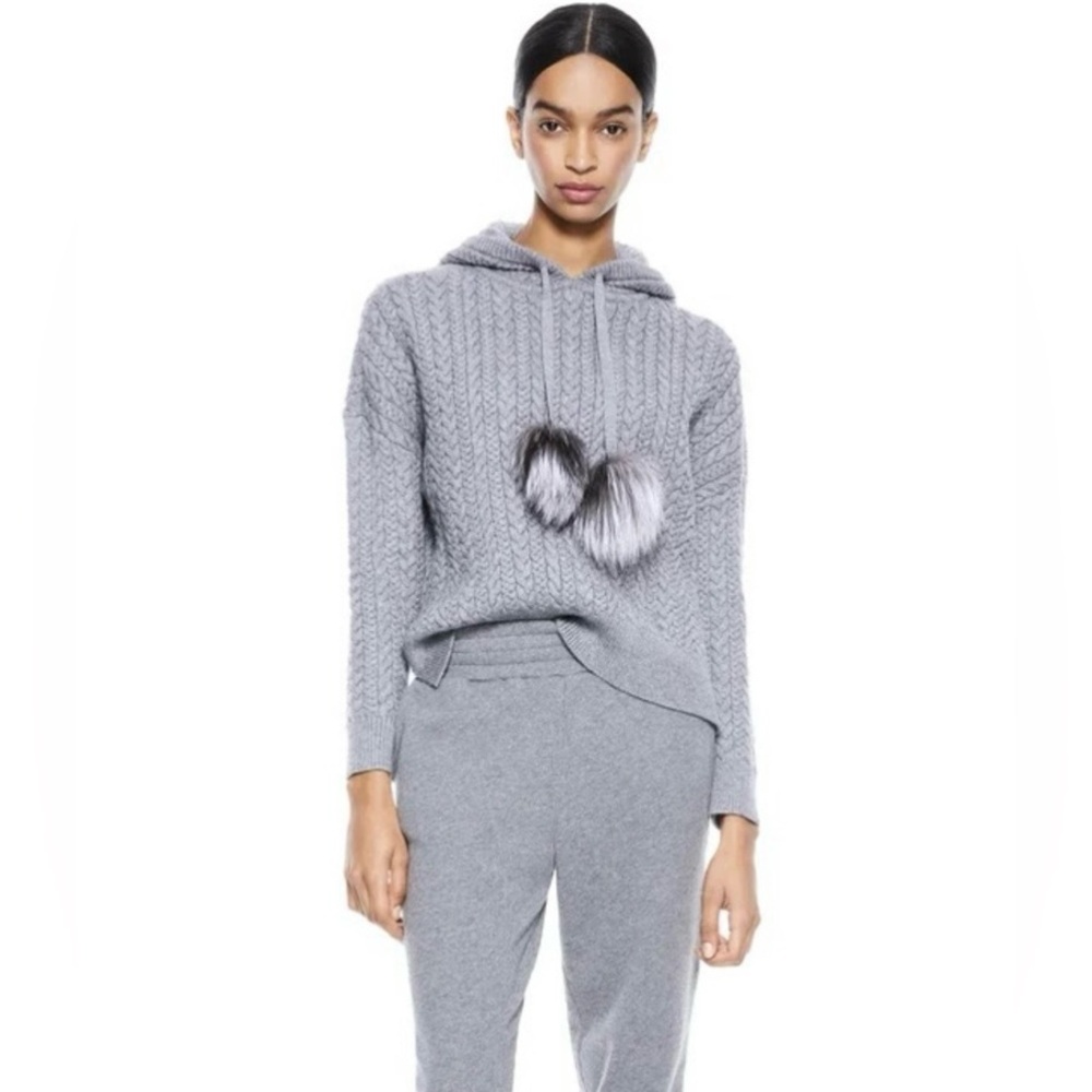 NWT Alice + Olivia Oscar Fur PomPom CableKnit Sweater Hoodie Pullover XS